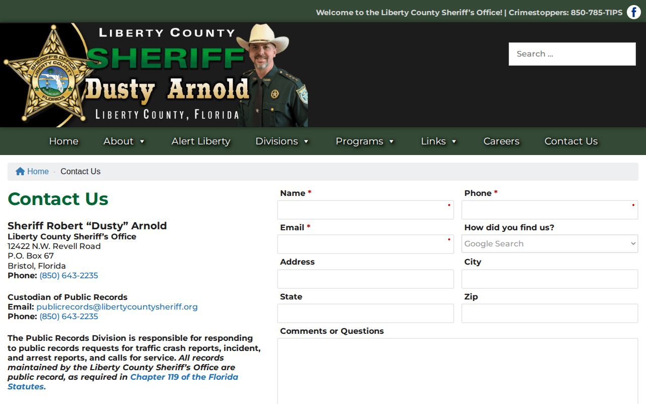 Liberty County Sheriff contact page serving Bristol