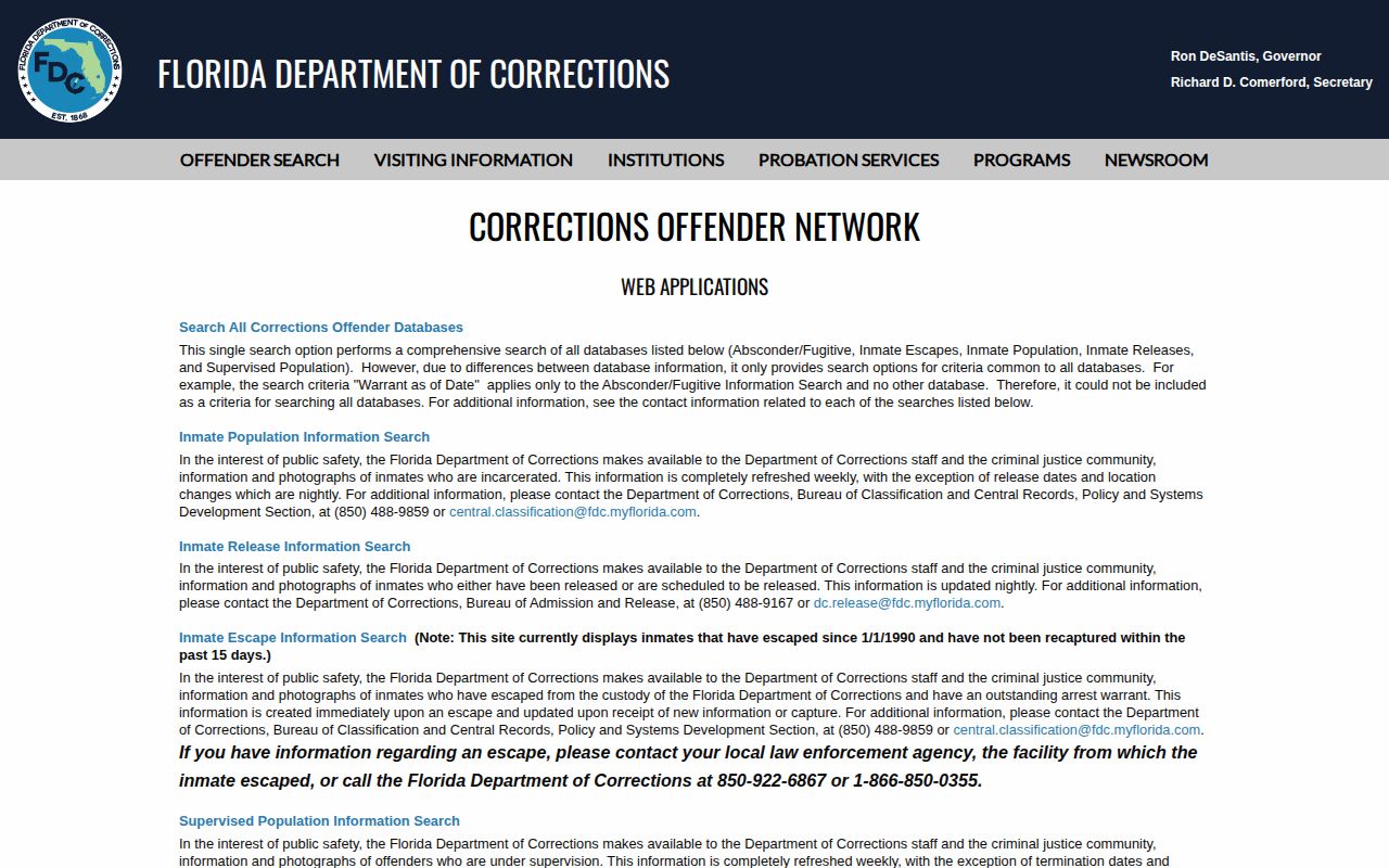 Florida Department of Corrections offender search menu