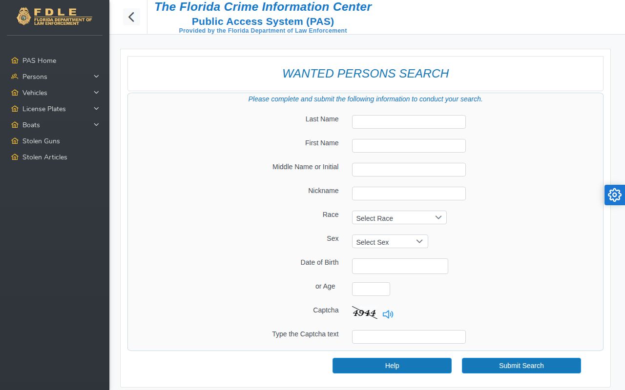 FDLE Wanted Persons public search form