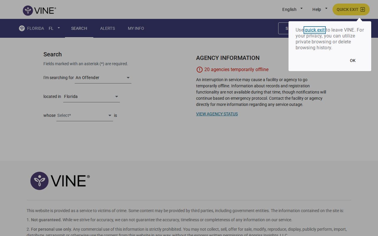VINELink Florida person custody search screen