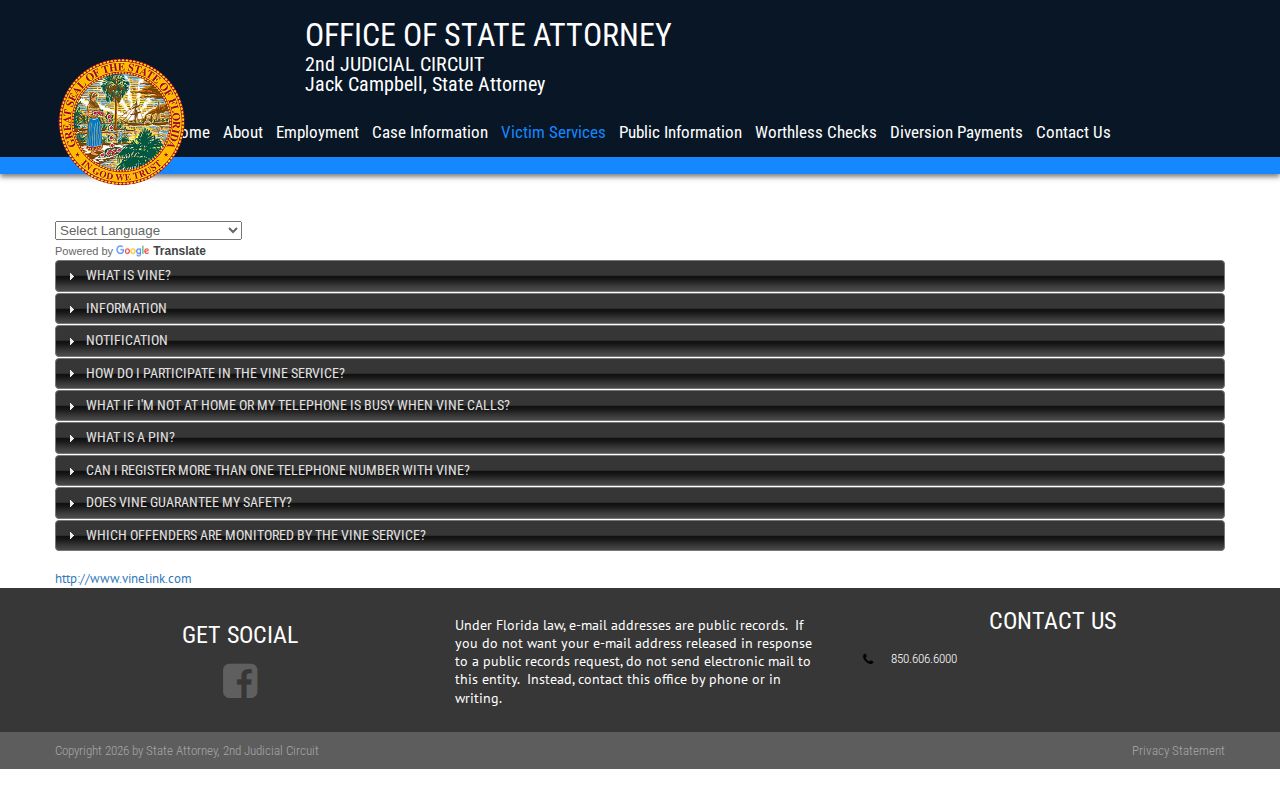 Second Judicial Circuit Florida VINE program instructions