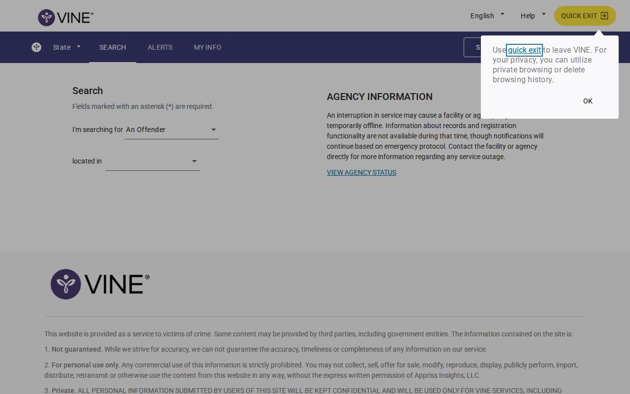 VINELink account and alert registration entry